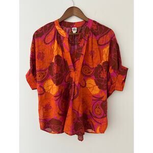 Ivy Jane Pink Orange Floral Bold Paisley V Neck Blouse Cotton Blend EUC S/M